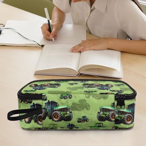 Image of Green Tractor Print Pencil Case for Kids Large Pencil Pouch for Elementary Boys Lightweight Portable Pen Bag with Mesh Pocket for School