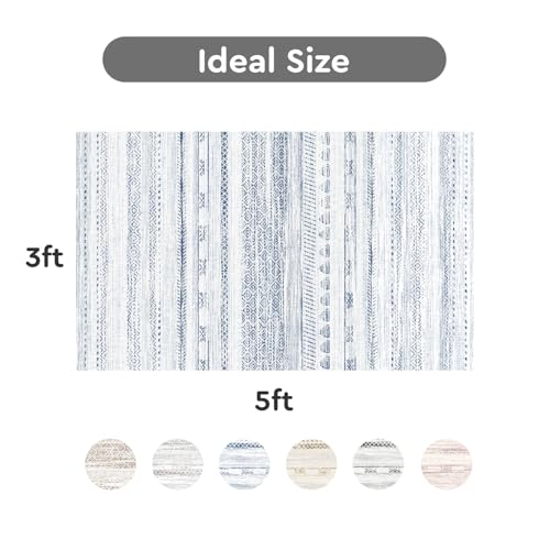 3x5 Area Rug Machine Washable Non Slip Rug Distressed Neutral Moroccan Boho Rug Ultra Soft Indoor Rugs for Bedroom Living Room Entryway Kitchen Foyer Bedside, Blue