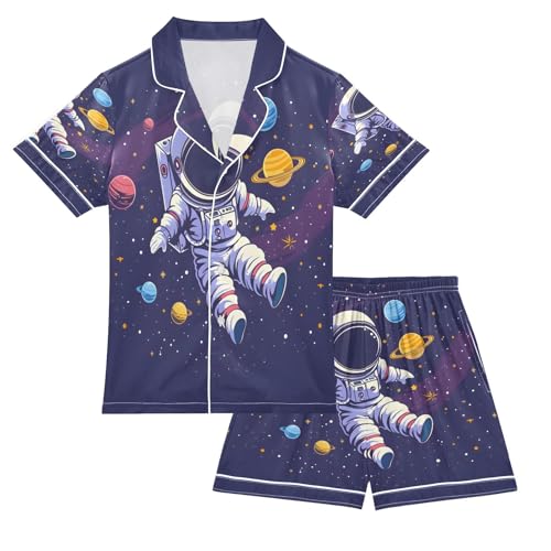 ALAZA Solar System Planet Hipster Astronaut Space Satin Pajamas Set Short Sleeve Button Down Sleepwear Summer Pjs 2 Piece
