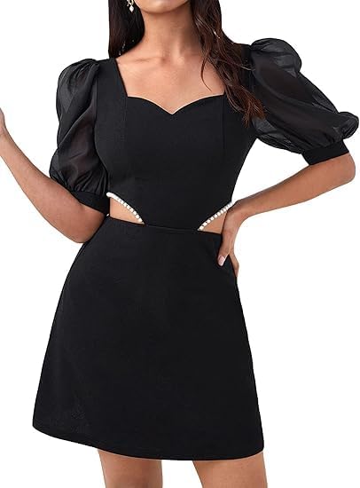 Image of WDIRARA Women's Cut Out Sweetheart Neck Half Puff Sleeve Pearl Beaded Elegnat Mini Dress