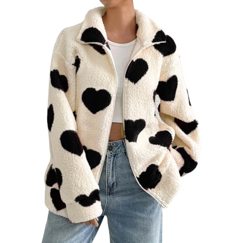 Generisch Cárdigan de forro polar de gran tamaño con cremallera con estampado de corazón para mujer en invierno acogedora chaqueta de manga larga suave, Negro , XXL