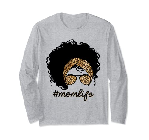 Mujer Negra Mujer Desordenada Bollo Mamá Vida Madre Día Leopardo Manga Larga