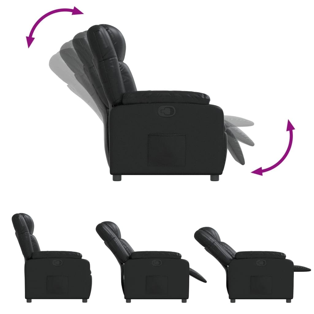 Fotel relaksacyjny, czarny, sztuczna skóra z ręczną funkcją leżenia, regulowane oparcie i podnóżek, stabilna rama drewniana, ergonomiczny, wygodny fotel do salonu, kącika do czytania i biura