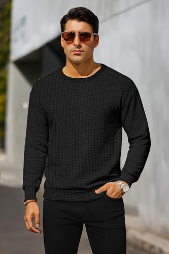 Image of KAJARU Quilted Pattern Long Sleeve Sweatshirt, Round Neck, Men's Casual Pullover, Grey, Black, Beige