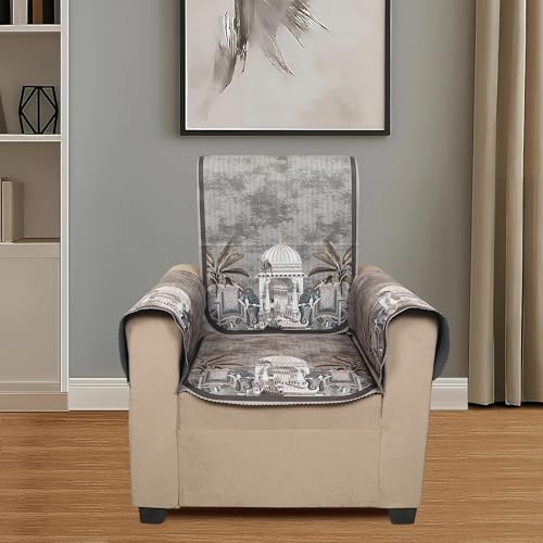Image of Velvet 3 Seater Sofa Cover with 6 Seat and Back Covers, 2 Hand Rest Covers - Elephant dome Design - Washable Fabric - Stylish Sofa Cover for Modern Living Room (Brown, 3 Seater With Arm Covers)