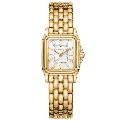 Image of CHEETAH Gold Watches for Women with Small Vintage Bracelet, Rectangular Case Roman Dial