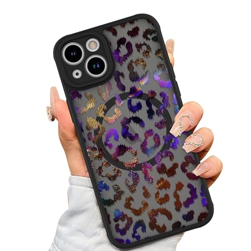 AIGOMARA Magnetic Case for iPhone 15, Purple Gold Leopard Pattern