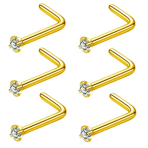 BLESSMYLOVE 6pcs 20g 1.5mm Clear CZ 316L Surgical Steel Gold Nose Rings Studs L-Shape Nose Nostrial Piercing Body Jewerly L Shaped Nose Studs for Women 20 gauge 1.5mm Cubic Zirconia Stainless Steel Nose Rings
