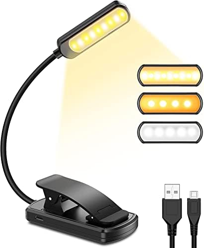 GARITE Lampka do książki, 10 diod LED, ściemniana lampka do czytania, klips na książkę, długa żywotność baterii, lampka do czytania z 3 trybami jasności (ciepła i biała i mieszana) do przy