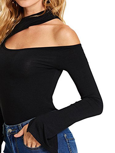 Shein Women's Sexy One Shoulder Long Sleeve Slim Fit Cut Out Tee T-Shirts Black Large #TOP7