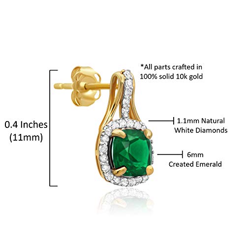 10K Yellow Gold Cushion Cut Created Green Emerald Drop Earrings With Push Backs For Women With Genuine 1/3 Carat Diamonds And May Birthstone By Max + Stone #TOP4