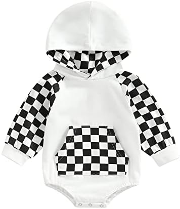xiqaalombvt Infant Baby Boy Girl Fall Clothes Hoodie Pullover Sweatshirt Romper Color Block Long Sleeve Onesie Outfit (Black Plaid, 18-24 Months)