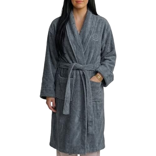 Naturepedic velour bathrobe in Smokey Slate, Large-X-Large — the only organic-cotton pick with a velour-and-terry dual-face build.