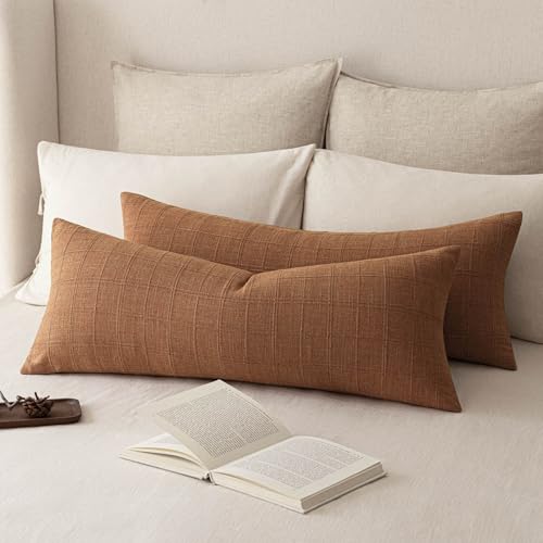 Foindtower Set of 2 Decorative Linen Check Throw Pillow Covers