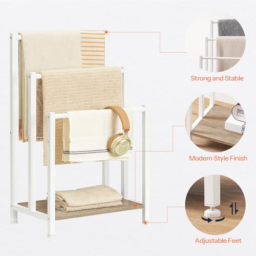 HOOBRO Free Standing Towel Rack, 3 Tier Blanket Rack, Blanket Holder for Bathroom, 16.9" L x 11" W x 31.9" H, Industrial Metal Drying and Display Rack with Shelf, White and Grey WG03LB01 by HOOBRO - Used condition - Image 4