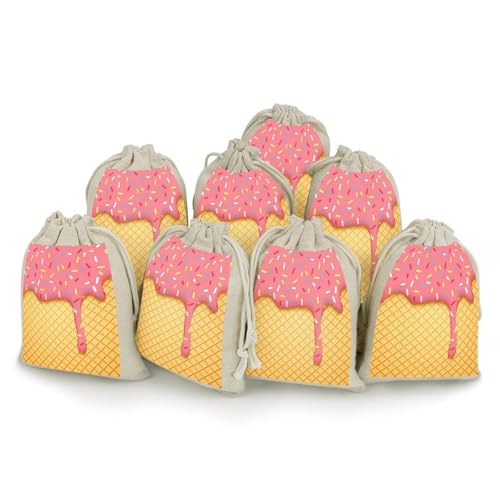 STVNKML 8-Pack Ice Cream And Waffle Pattern Drawstring Gift Bags Cotton Linen Party Favors Bags for Decorated Event Favors