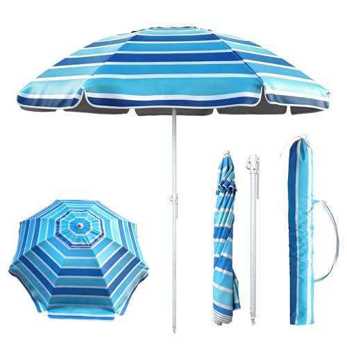 SOLARALIFE Beach Umbrella for Sand 2.2m Outdoor Sun Umbrella Portable with Tilt Pole Carry Bag and Air Vent for Pool Backyard Patio (Wide stripes)