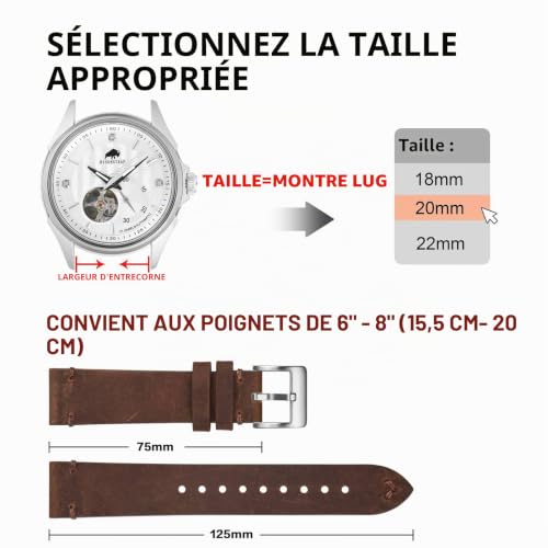 BISONSTRAP Bracelet de Montre en Cuir Vieilli, Bracelets de Rechange pour Hommes, Dégagement Rapide, 22mm, Marron Café (Boucle Argentée) – vue 5