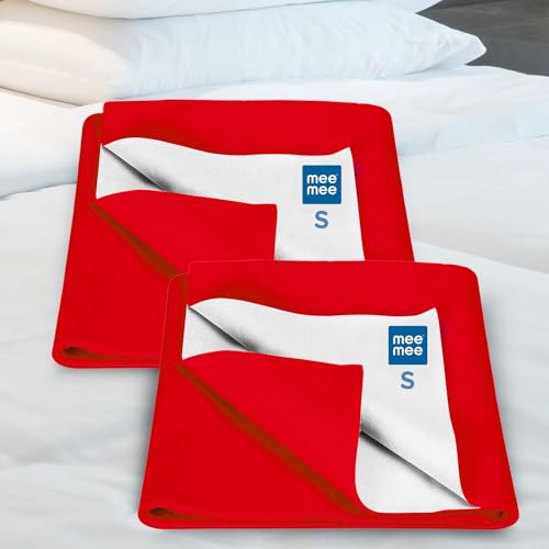 Image of Mee Mee Instadry Anti-Piling Fleece Extra Absorbent, Cotton Bed Protector Mattress, Reusable Waterproof Quick Dry Baby Cot Sheet for Infant, Made Form Skin Friendly, 0 to 9 Month, 50x70cm (Red)