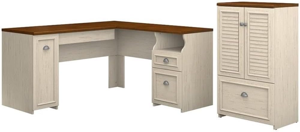 Bush Furniture Fairview 60W L Shaped Desk and 2 Door Storage Cabinet with File Drawer in Antique White and Tea Maple