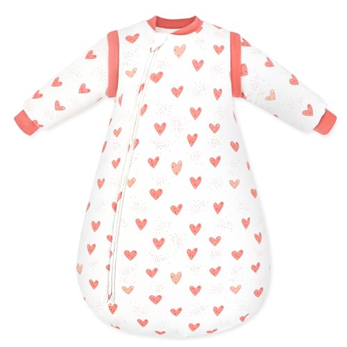 Yoofoss Baby Sleeping Bag 0-6 Months 100% Cotton TOG 3.5 Winter Toddler Sleep Sack with Removable Sleeves Wearable Blanket for Infant Toddler Pink Heart