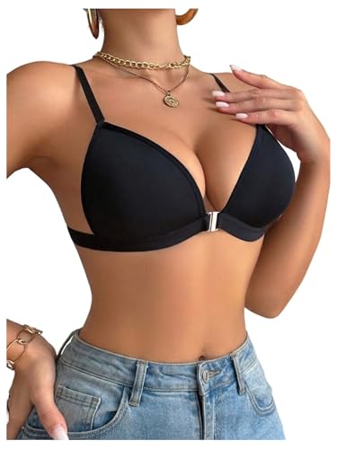 Image of GORGLITTER Front Fastening Bras for Women UK Wireless Push Up Seamless Convertible Strap Bralettes Padded Everyday Bra for Ladies Black Large