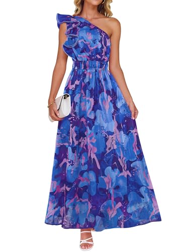 Image of ZESICA Women's 2026 Summer Floral Sleeveless Maxi Dress | One Shoulder, Sleeveless, Ruffle, High Waist, Beach Wedding Guest, Vacation, Graduation, Bridal Shower, Boho Long Dresses