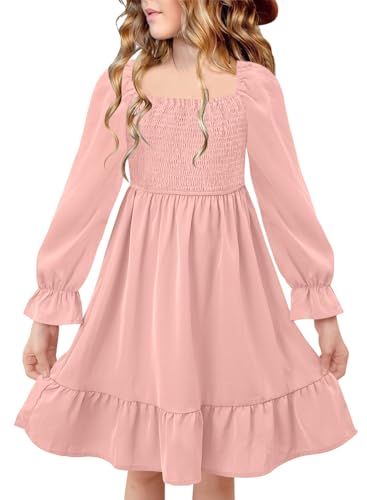BesserBay Tween Big Girl Fall Puff Sleeve Smocked Square Neck Empire Midi Dress Ruffle Hem Cute Fashion Soft Swing Dress Pink 10 Years