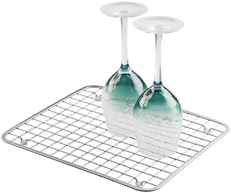 mDesign Modern Metal Wire Kitchen Sink Metal Dish Drying Rack/Mat - Steel Wire Grid Design - Allows Wine Glasses, Mugs, Bowls and Dishes to Drain in Sink - Chrome