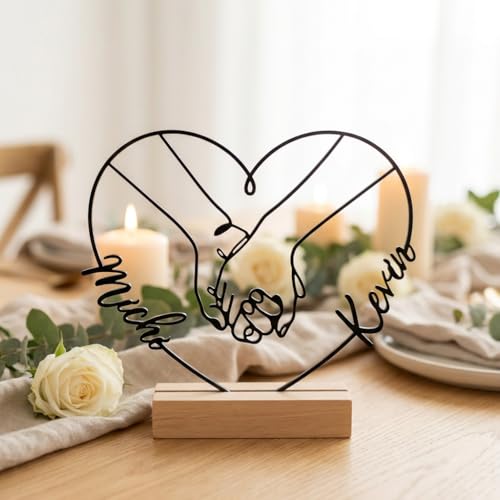 Hochzeitsgeschenk personalisierte Acrylglas Deko mit Namen Hände Motiv 15x20 cm Lasergeschnitten Schwarz oder Weiß Holzsockel Geschenk zur Hochzeit Jahrestag & Valentinstag (Typ4) AC