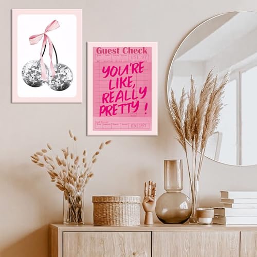 Pink Preppy Wall Art Framed Set of 3 Trendy Coquette Disco Cherry Posters Retro Guest Check Canvas Prints Poker Painting Positive Quote Pictures Room Decor Aesthetic for Girls Bedroom Dorm 16x24in by Marllifenney - Used condition - Image 6
