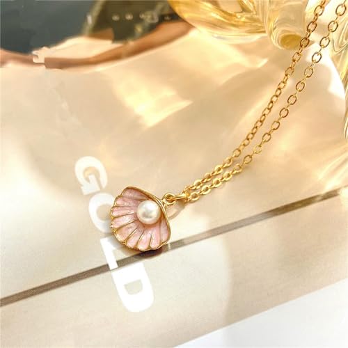 Seashell Pearl Pendant Necklace Gold Plated Boho Enamel Pink Blue Scallop Sea Shell Starfish Ocean Animal Chain Necklace for Women Hawaiian Summer Beach Holiday Fashion Jewelry Gifts4
