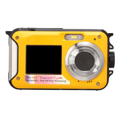 Xiuganpo Caméra sous-Marine, Appareil Photo Numérique Résistant à l'eau 2,7K 48MP avec écran LCD Arrière de 2,7 Pouces et écran Avant de 1,8 Pouces, Enregistreur Vidéo pour la Natation en (Yellow)