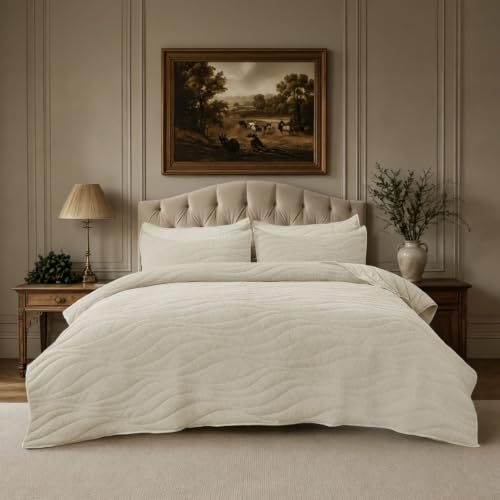 Crinkle Textured Velvet Quilt Set with Shams, All-Season Luxury Modern Bedding,Easy Care Comforter,Ultra-Soft,Lightweight & Breathable, Queen, Ivory White by DOWN HOME - Used condition - CA$86.84