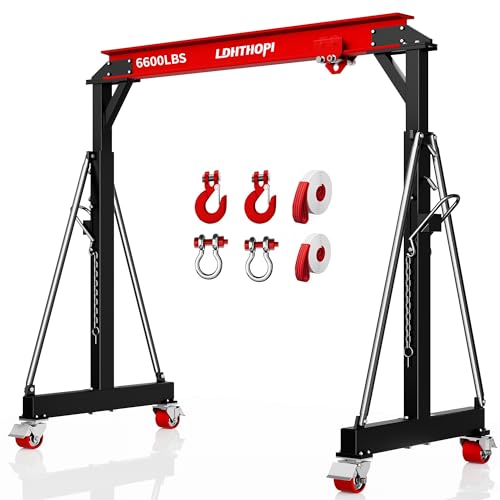 LDHTHOPI 3 Ton Gantry Crane, 6600LBS Adjustable Gantry Crane with 8.53-12.47ft Height, Shop Lift Hoist with Manual Trolley, Hook & Shackles for Warehouse, Factory,Auto Repair & Construction, Red