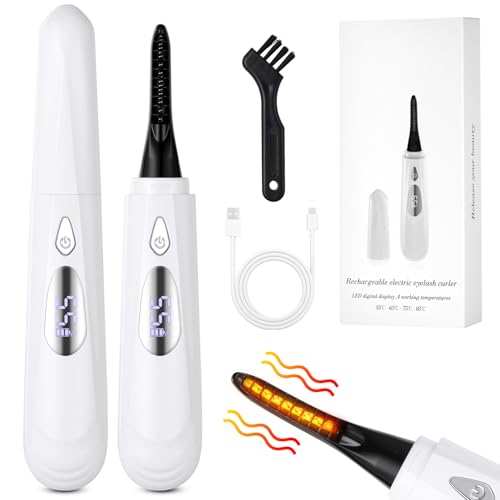 LOPHE Heated Eyelash Curler, 4-Temperature Settings with Fast Heating, USB Rechargeable Automatic Shut-Off Safety, Travel-Friendly Lash Curling Tool for Home & Travel (White-E)