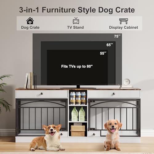 GarveeHome 78.7" Dog Crate Furniture for 2 Dogs with Storage, White by GarveeHome - Image 4
