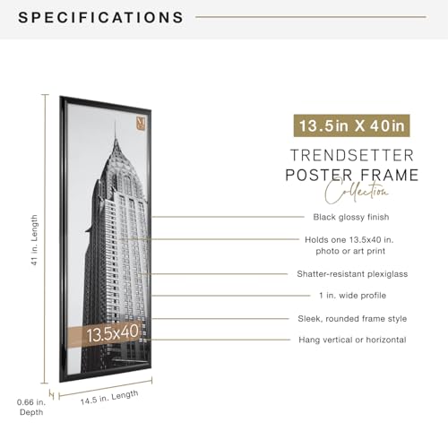 MCS Trendsetter 13.5x40 Poster Frame Black High-Gloss, Vertical & Horizontal Wall Hanging Large Picture Frame for Photos, Posters & Art Prints (1-Pack)
