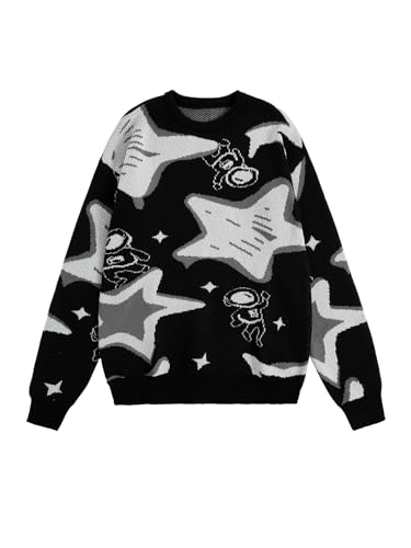 Men's Graphic Oversized Sweater Star Long Sleeve Crewneck Knitted Pullovers