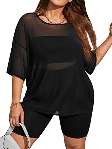 Makemechic Women's Plus Size 3 Piece Outfit Sheer Mesh Short Sleeve T Shirts And Tube Top Vest And Biker Shorts Set Black 2Xl #TOP11