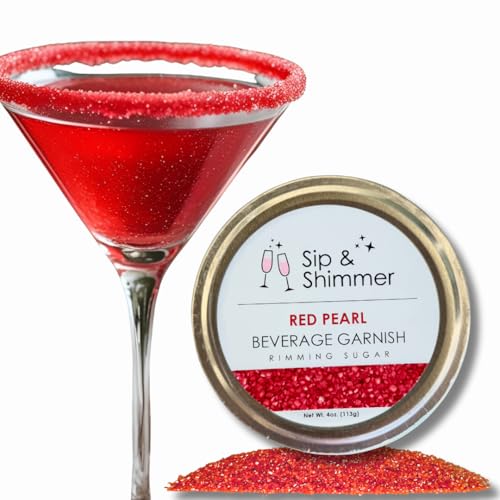 Sip & Shimmer Red Pearl Glass Rimming Sugar Beverage Garnish For Fun Festive Cocktails & Mocktails In A Wide-Mouth Tin