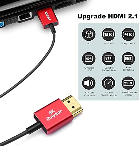 Rulykar Ultra Thin 8K HDMI Cable 1m/3 ft, High Speed 48Gbps, Ultra Thin HDMI 2.1 Φ3.6mm, 8K@60Hz, 4K@120Hz, Dynamic HDR, eARC, Compatible with PS5, Xbox One, NS, GH5S, 8KUHD TV