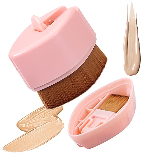 Foviupet 2 In 1 Liquid Foundation Makeup Brush - Portable Travel Size Flat Top Brush Face Blush Cosmetics Foundation Brush For Blending Flawless Finish Foundation Cream, With Protective Cover (Pink) #TOP17