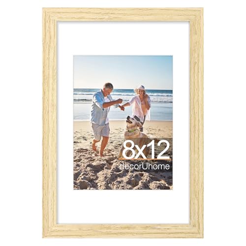 decorUhome 8x12 Picture Frame Fits 6x8 Photos with Mat, Natural | Engineered Wood 8x12 Photo Frame with High Definition Plexiglass Cover for Wall or Tabletop, 1 Pack