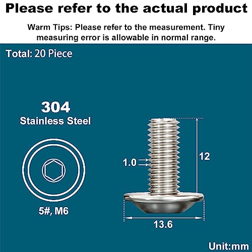 Drenky M6 Linsenkopfschrauben,M6x12mm Linsenkopfschrauben Innensechskant 20 Stück Schrauben Edelstahl A2 V2A Flanschschraube Kleine Gewindeschrauben Vollgewinde
