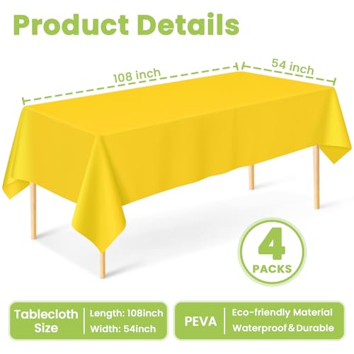 Image of Mulbozy 4 Pcs Yellow Plastic Table Cloth Disposable, 54 x108 Inch