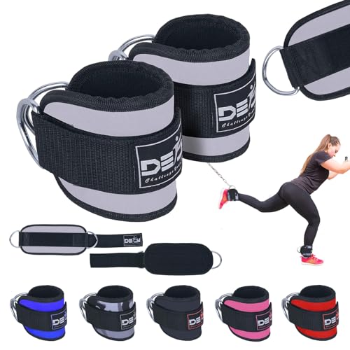 DEFY Fitness Best Ankle Straps Cable Machines Heavy Duty Stainless Steel Double D-Ring Adjustable Premium Comfort Neoprene for Glute, Abs & Legs Workout for Both Men & Women (Gray - Pair)