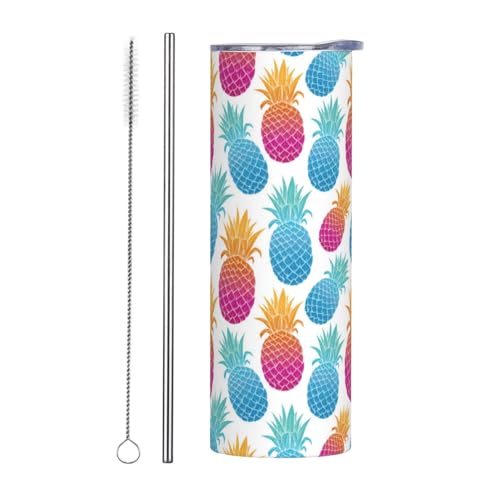 Kaireno Vaso de piña de 20 onzas con tapa y pajita, vasos delgados de acero inoxidable con diseño de frutas coloridas, taza de viaje de café con aislamiento azul y morado, botella de agua, regalo