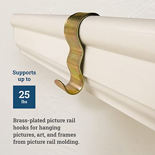 Molding Hooks - 10 Pack - Picture Rail Hangers - Brass Plated Steel - Picture Rail Hooks Wide