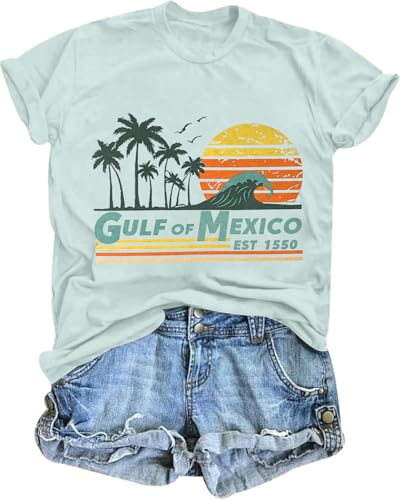Gulf of Mexico T Shirt for Women Stay Salty and Resistance Shirts Summer Graphic Tee Tops Light Green